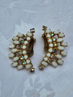 Vintage White and Aurora Crystal Clip-On Earrings